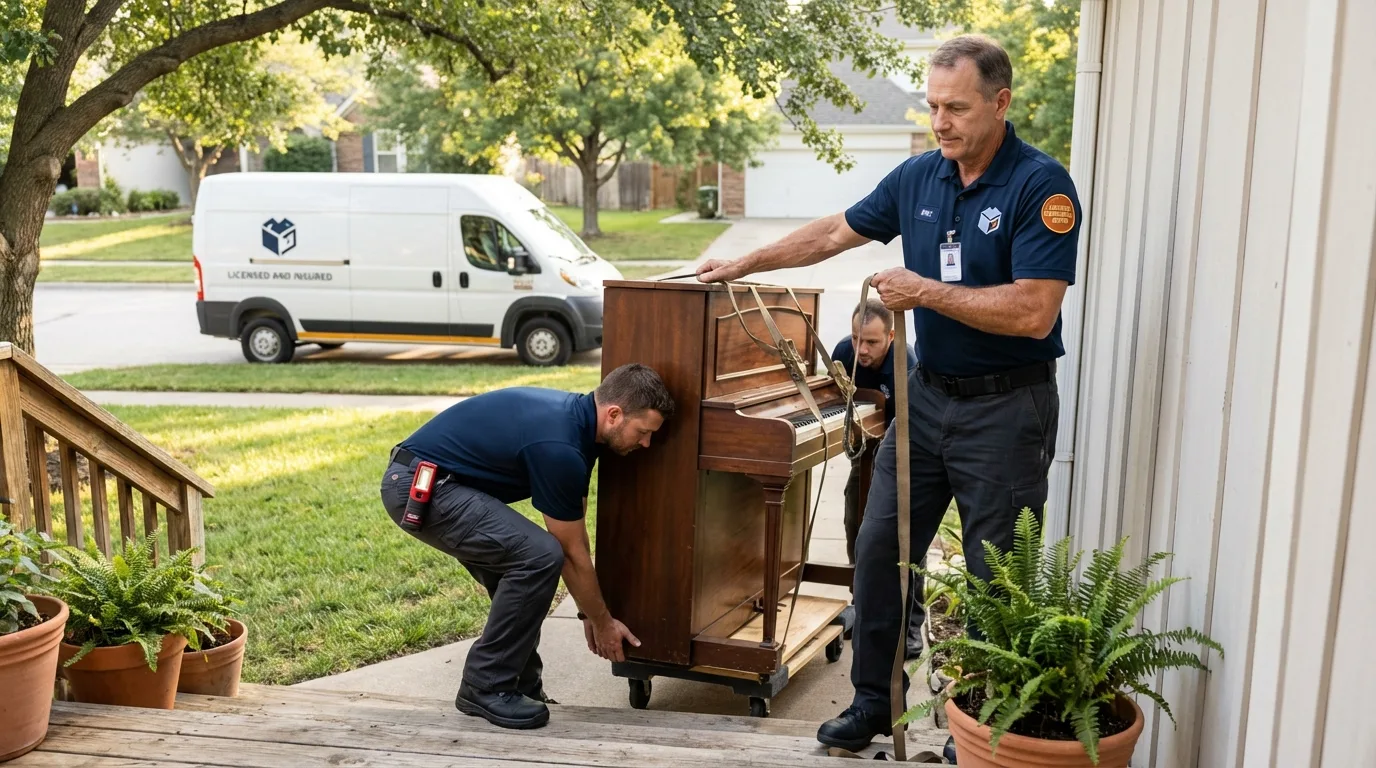 Licensed piano movers securing grand piano in Geneva, AL