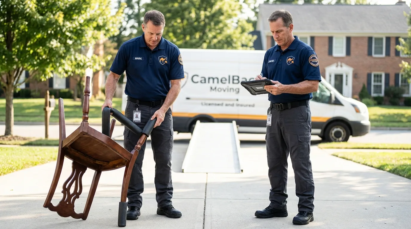 Movers inspecting furniture for damage prevention before loading in Geneva, AL